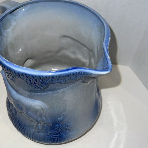 Vintage Blue White Pitcher w 3D Cow Ironstone Stoneware Pottery - Picture 6 of 14